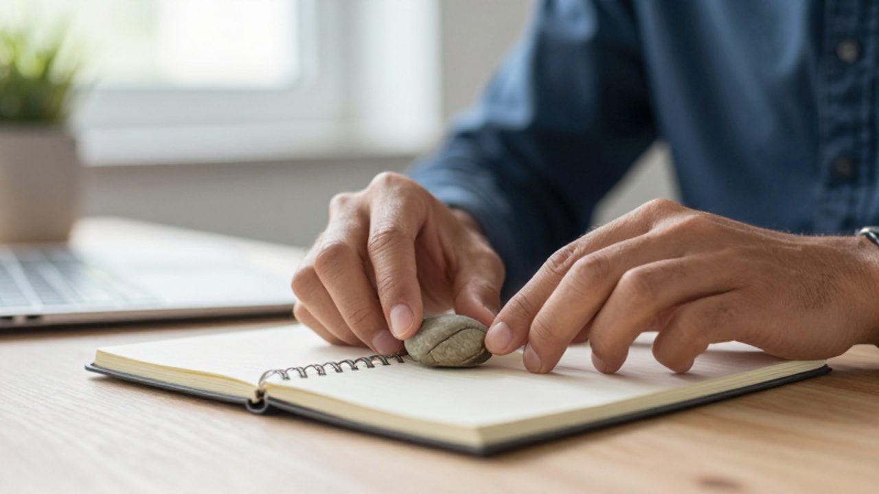 Manos organizando un escritorio minimalista mientras colocan con calma un pequeño objeto sobre un cuaderno en una oficina luminosa.