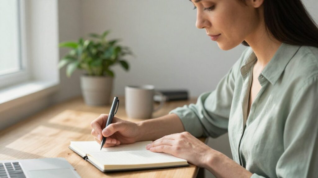 Mujer sentada en un escritorio luminoso con un diario y un bolígrafo, preparándose para escribir en un ambiente de calma y enfoque.