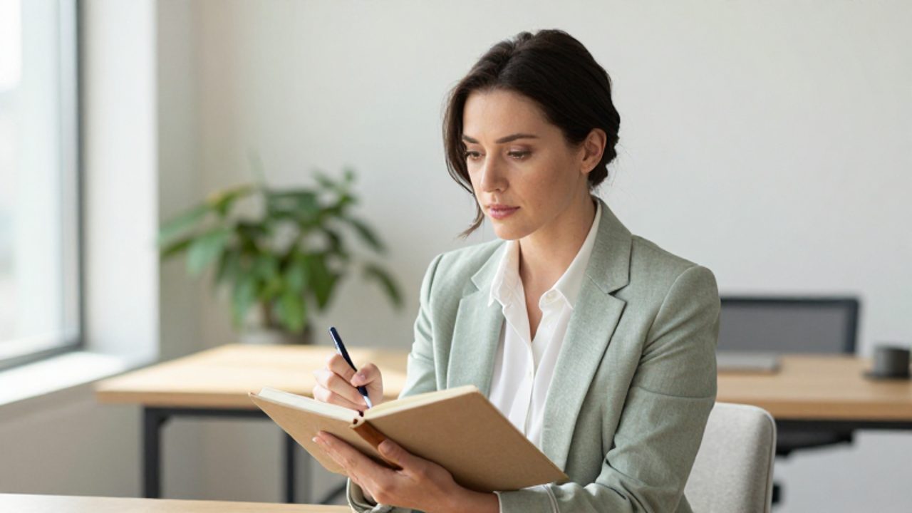 Mujer sentada en un despacho luminoso escribiendo en un cuaderno con expresión de serenidad y reflexión.