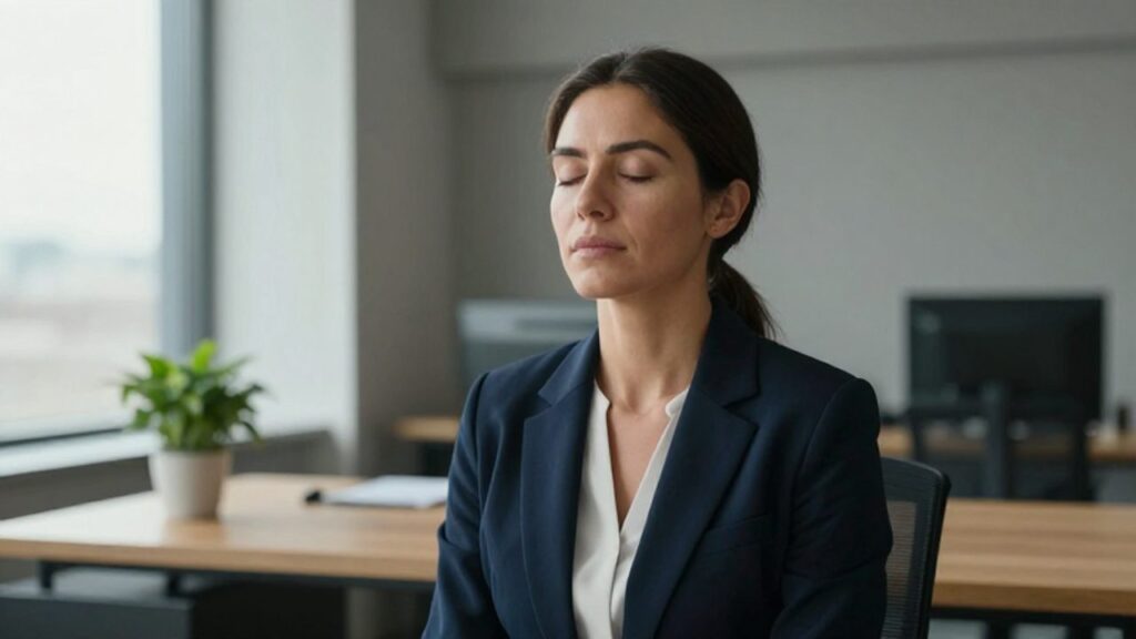 Una mujer con expresión serena mantiene los ojos cerrados en una oficina minimalista, practicando un momento de enfoque y calma mental.