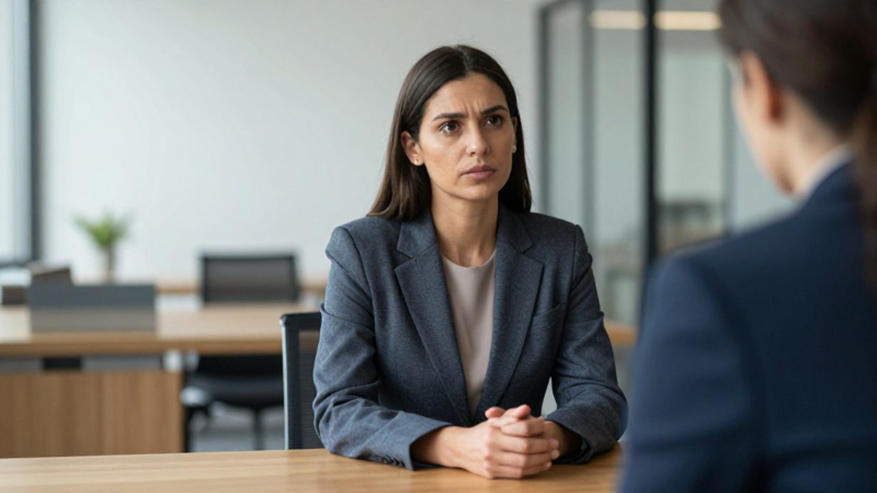 Mujer profesional sentada en su escritorio mantiene una expresión de calma y contacto visual seguro en un entorno de oficina.