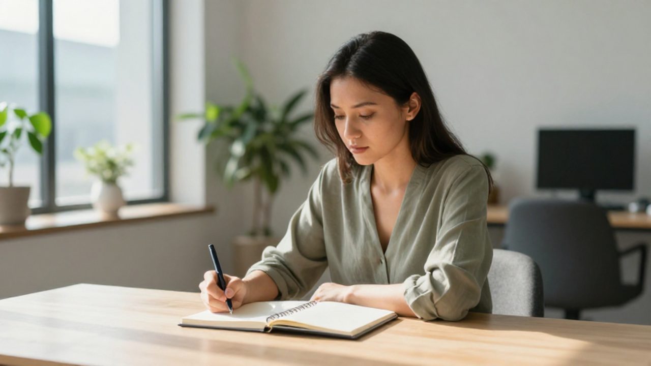 Persona sentada en un escritorio minimalista en una oficina luminosa, con la mirada fija en un cuaderno mientras sostiene un bolígrafo en actitud reflexiva.