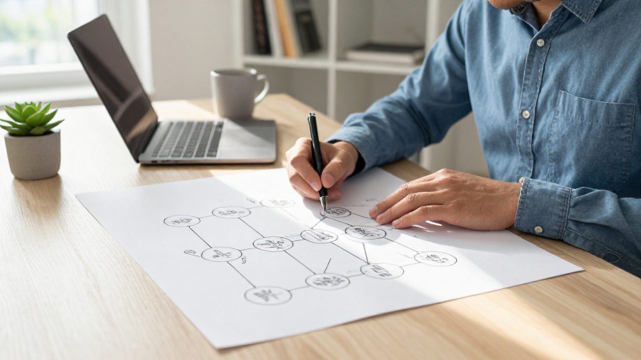 Persona dibujando un diagrama de flujo con nodos y ramificaciones sobre un papel en un escritorio ordenado.