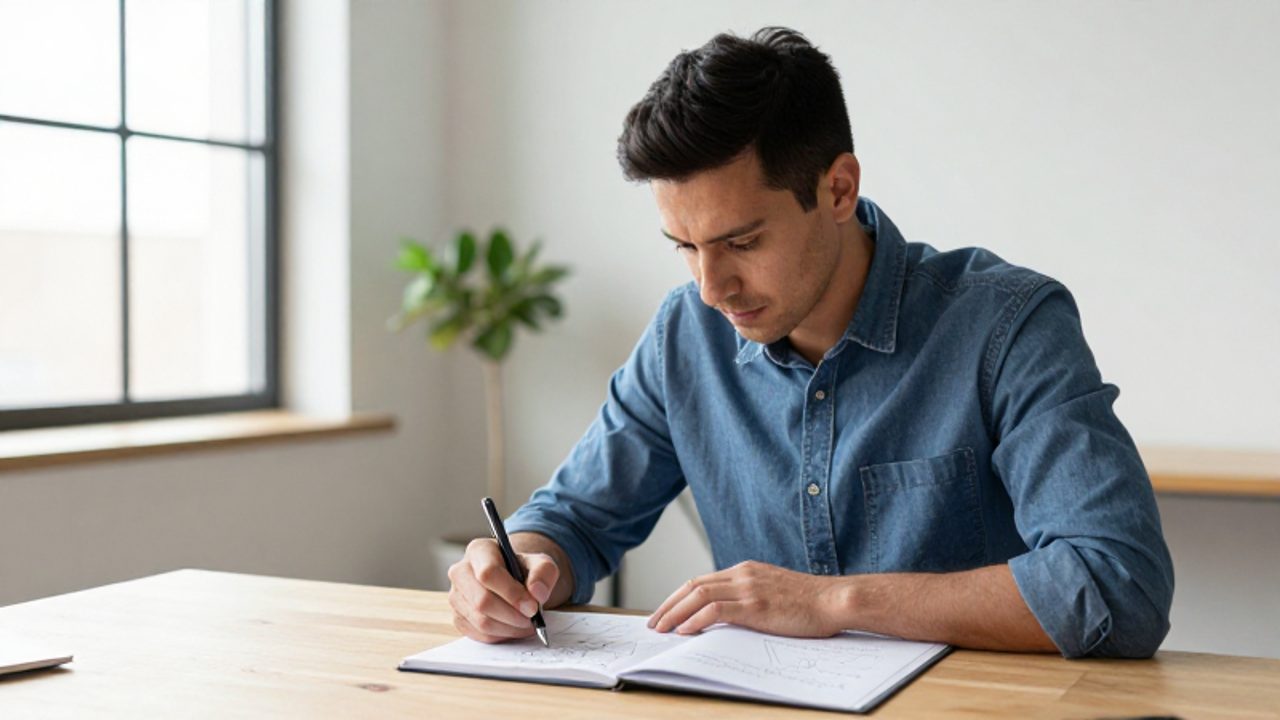 Un hombre concentrado estudia un cuaderno con diagramas y anotaciones en un escritorio de madera en una oficina luminosa.