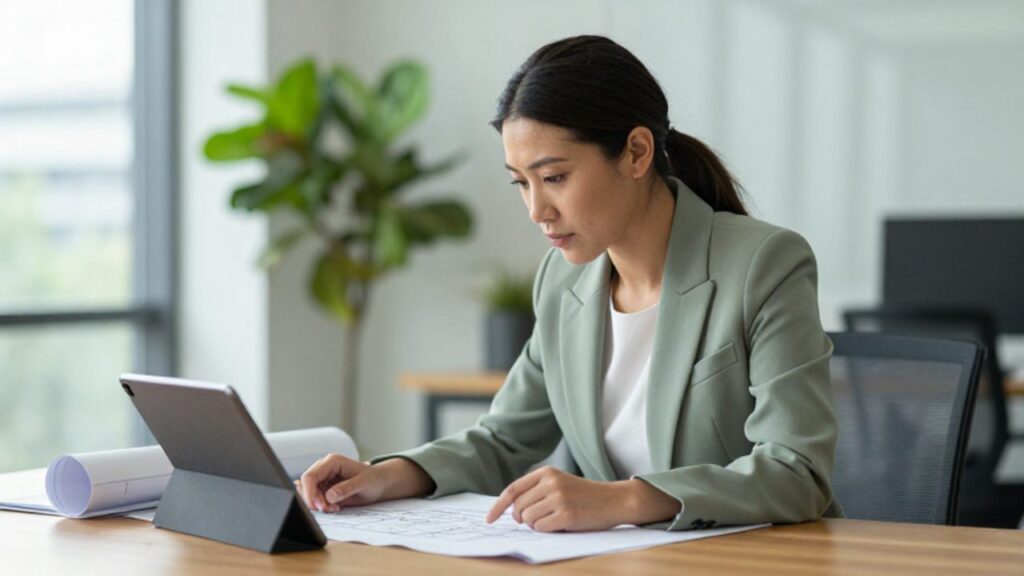Mujer profesional concentrada analizando planos arquitectónicos y una tableta en una oficina luminosa y moderna.
