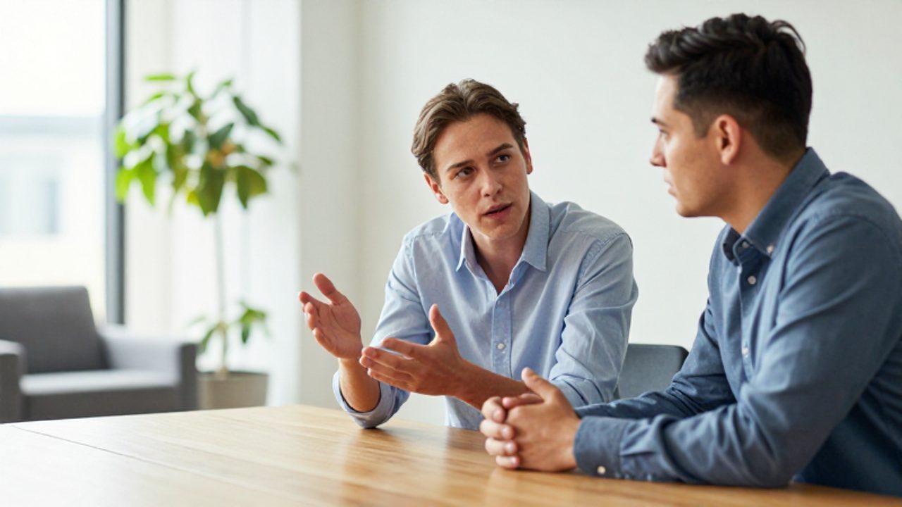 Dos personas mantienen una conversación analítica y pausada en una oficina luminosa, una con gestos precisos y la otra escuchando con atención.