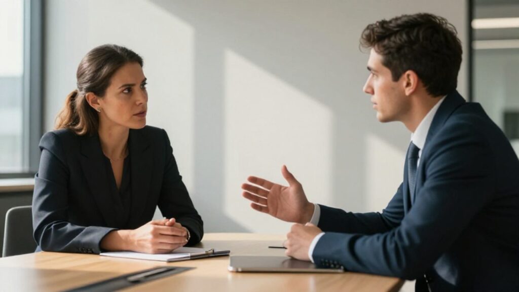 Dos profesionales mantienen una discusión intelectual seria en una oficina moderna y luminosa.