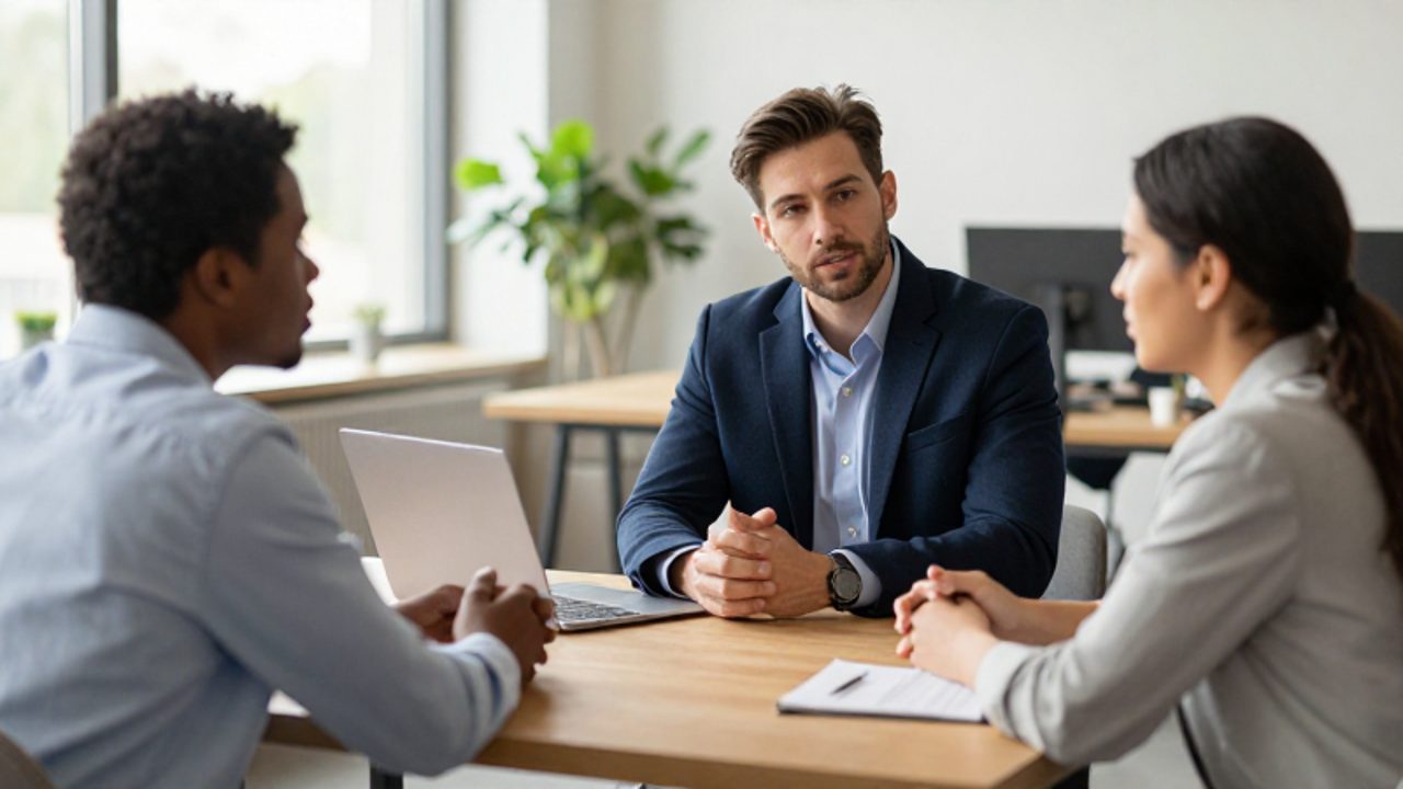 Tres colegas profesionales dialogan con confianza y respeto mutuo alrededor de una mesa en una oficina moderna y luminosa.