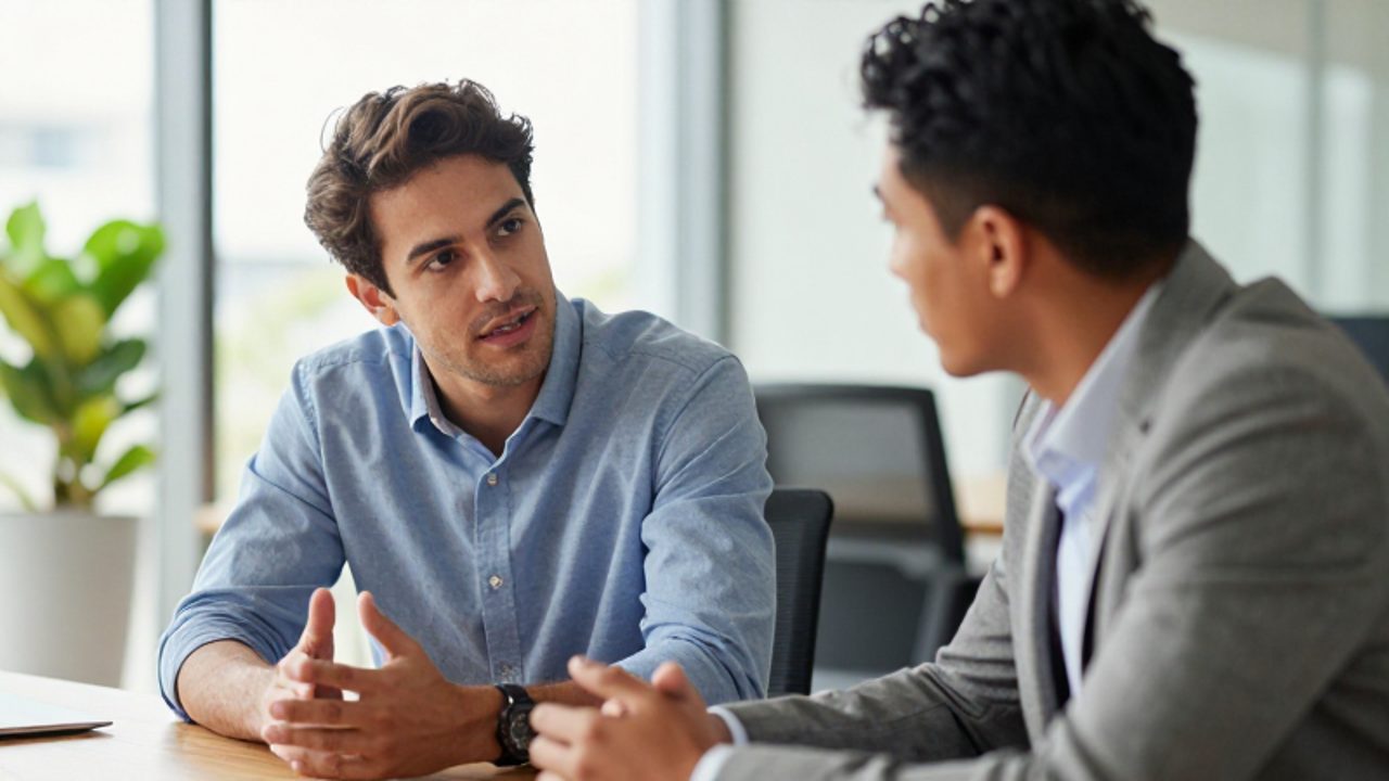 Dos colegas conversan de forma profesional en una oficina moderna, donde uno expone una idea con seguridad mientras el otro escucha con atención y contacto visual.