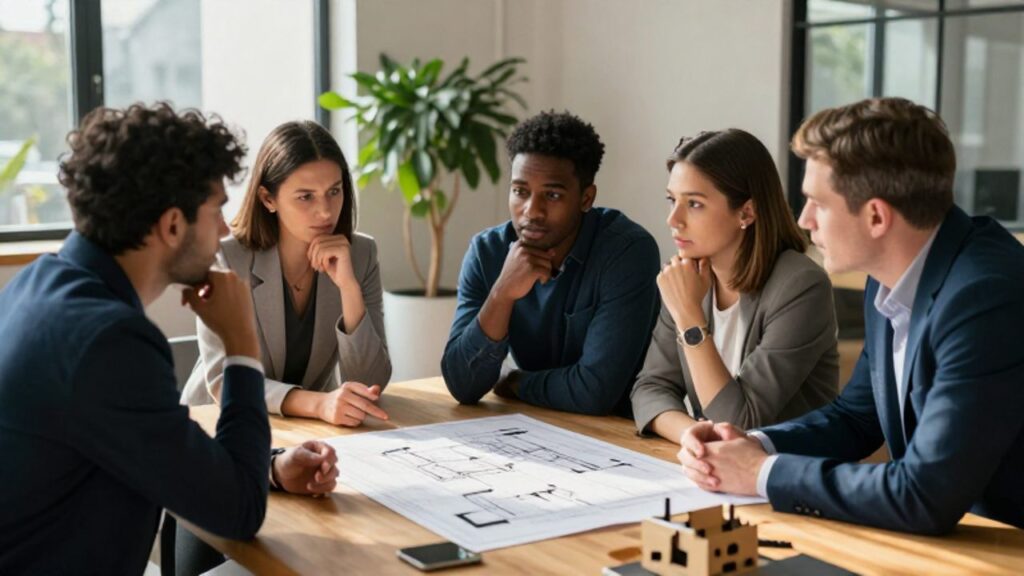 Un grupo de cuatro colegas profesionales colabora concentrado alrededor de una mesa con planos y modelos en un estudio de arquitectura luminoso.