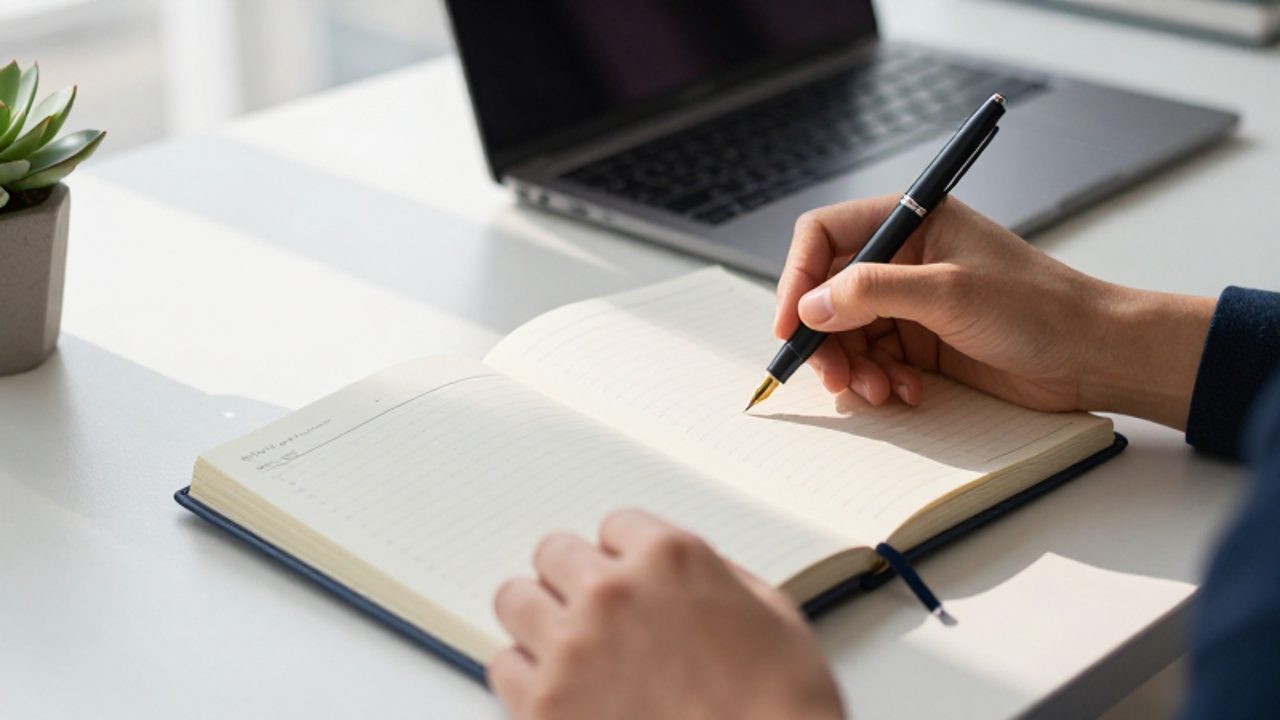Manos de una persona marcando un bloque de tiempo en una agenda organizada sobre un escritorio despejado.