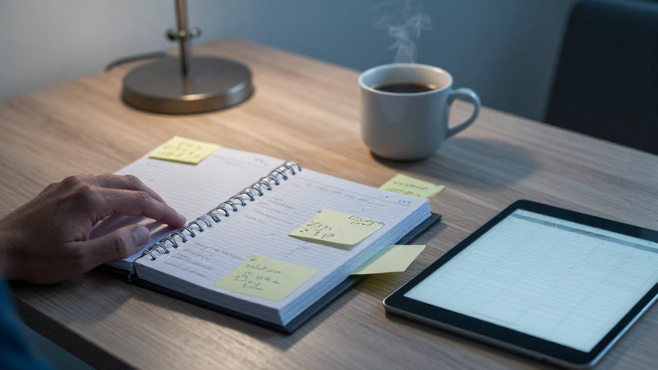Persona intentando organizar con frustración un planificador físico saturado de notas y post-its junto a una tablet en un escritorio.