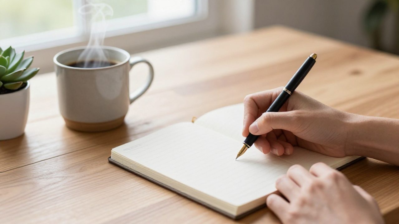 Manos escribiendo en un cuaderno sobre un escritorio de madera junto a una taza de café en un ambiente luminoso y tranquilo.