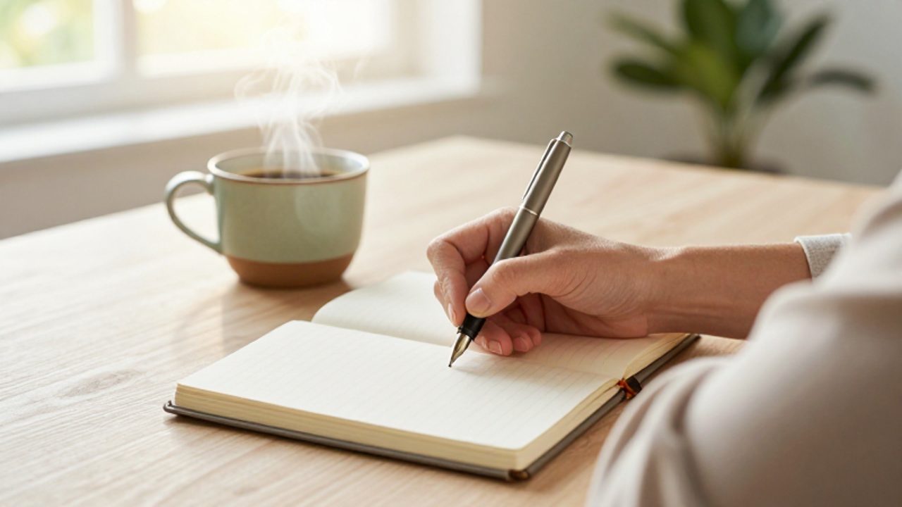 Persona escribiendo en un diario sobre un escritorio de madera junto a una taza de café en un entorno luminoso y tranquilo.