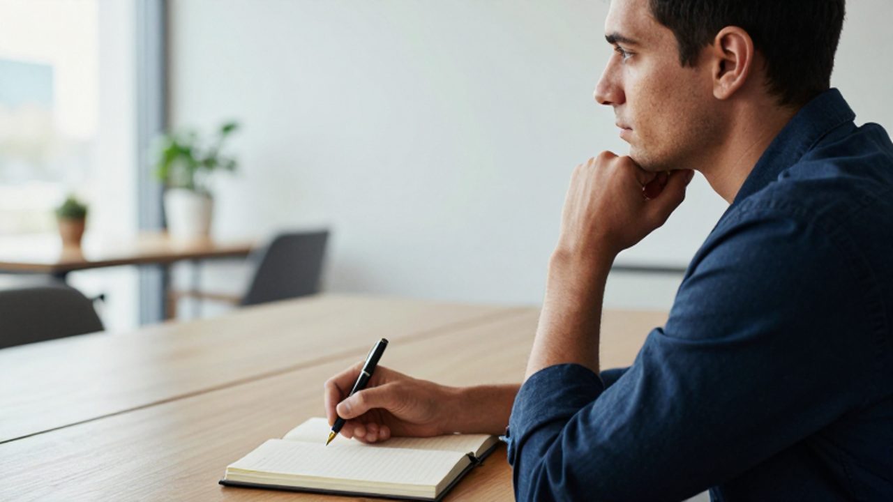 Persona en un despacho luminoso con expresión contemplativa mientras escribe en un cuaderno sobre un escritorio de madera.