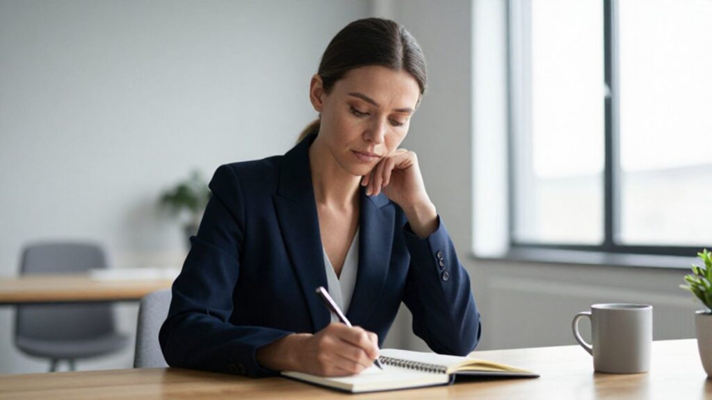 Mujer con expresión reflexiva sentada en un escritorio moderno escribiendo en un cuaderno con calma.