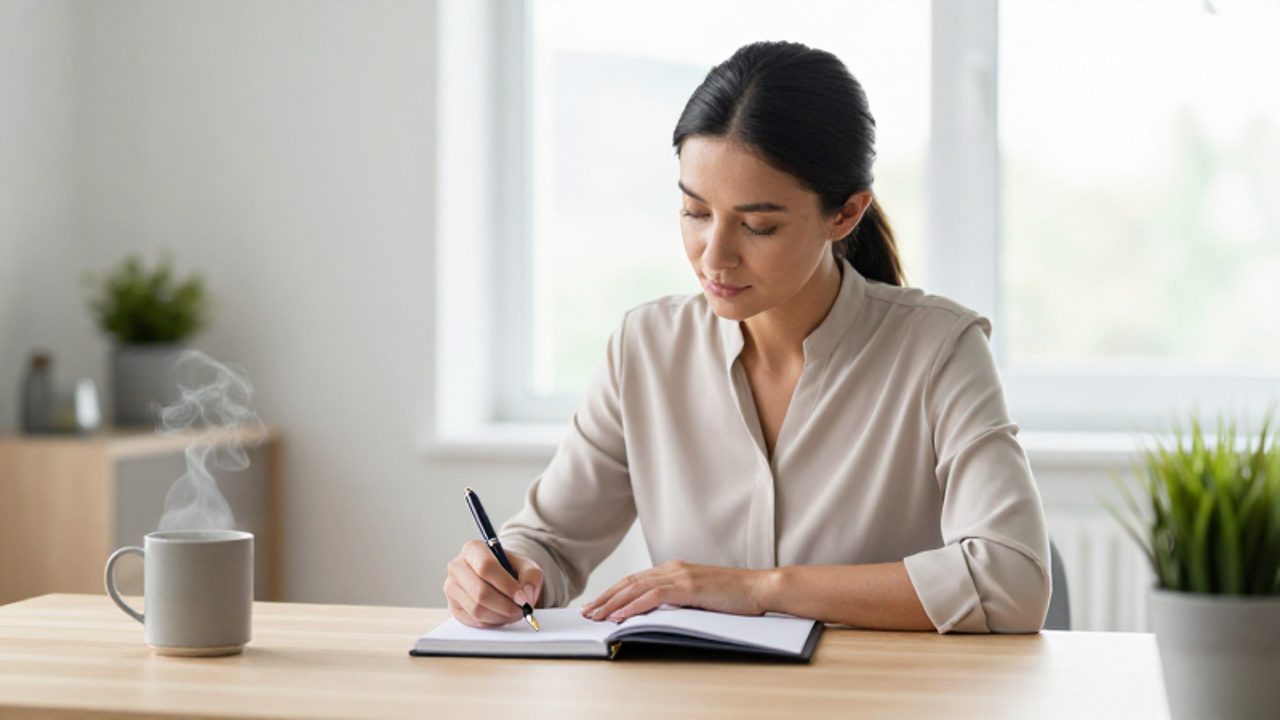 Mujer concentrada escribiendo reflexivamente en un diario sobre un escritorio luminoso y ordenado.