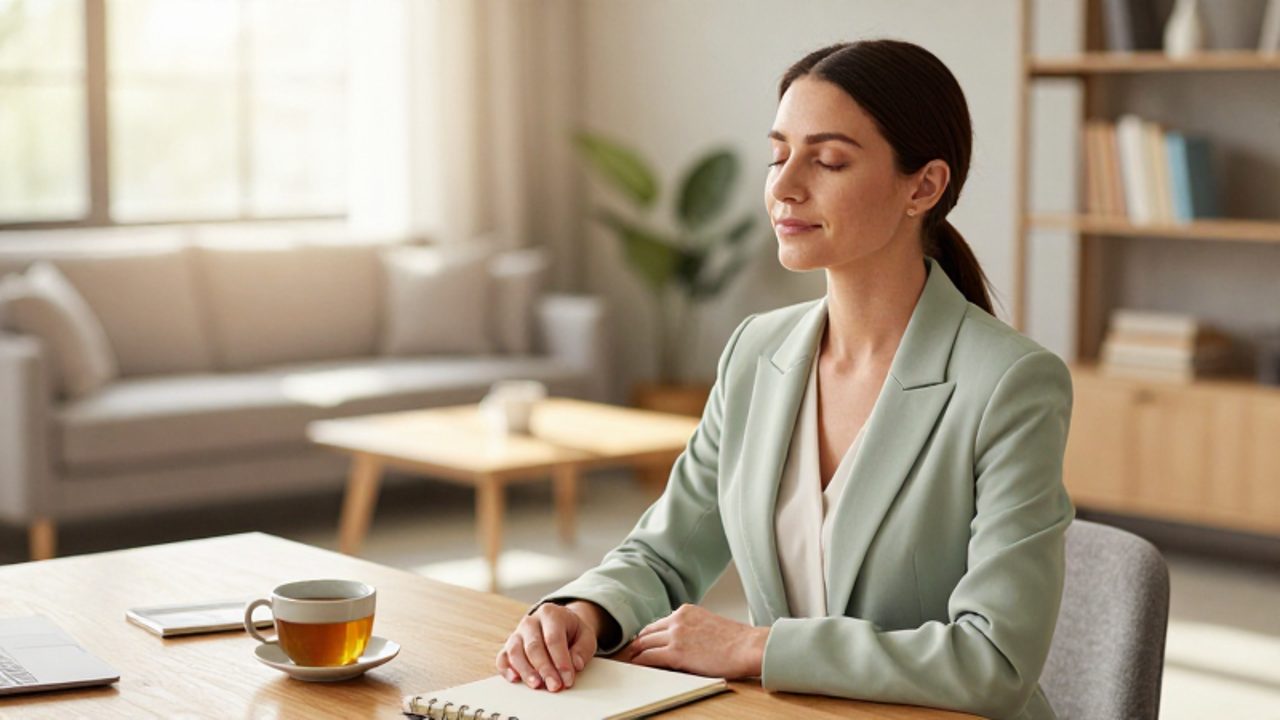 Mujer sentada en un escritorio ordenado, respirando profundamente con los ojos cerrados en un entorno luminoso y tranquilo.