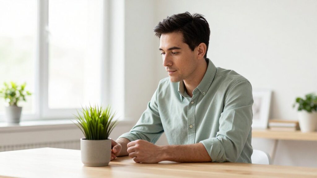Hombre tranquilo sentado en un escritorio minimalista observa con atención una pequeña planta en una oficina luminosa.
