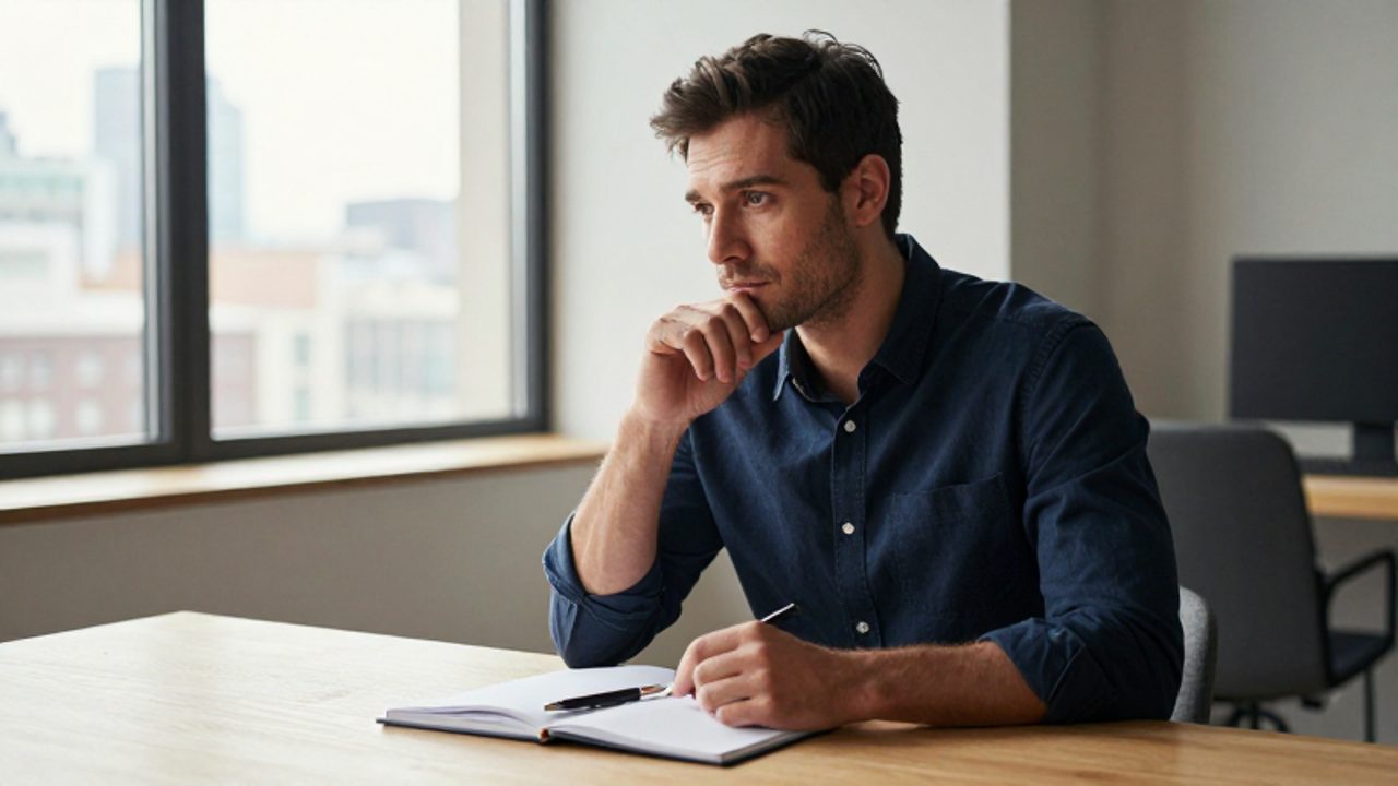 Hombre de mediana edad con expresión contemplativa sentado ante un escritorio en una oficina moderna, reflexionando frente a un cuaderno abierto.