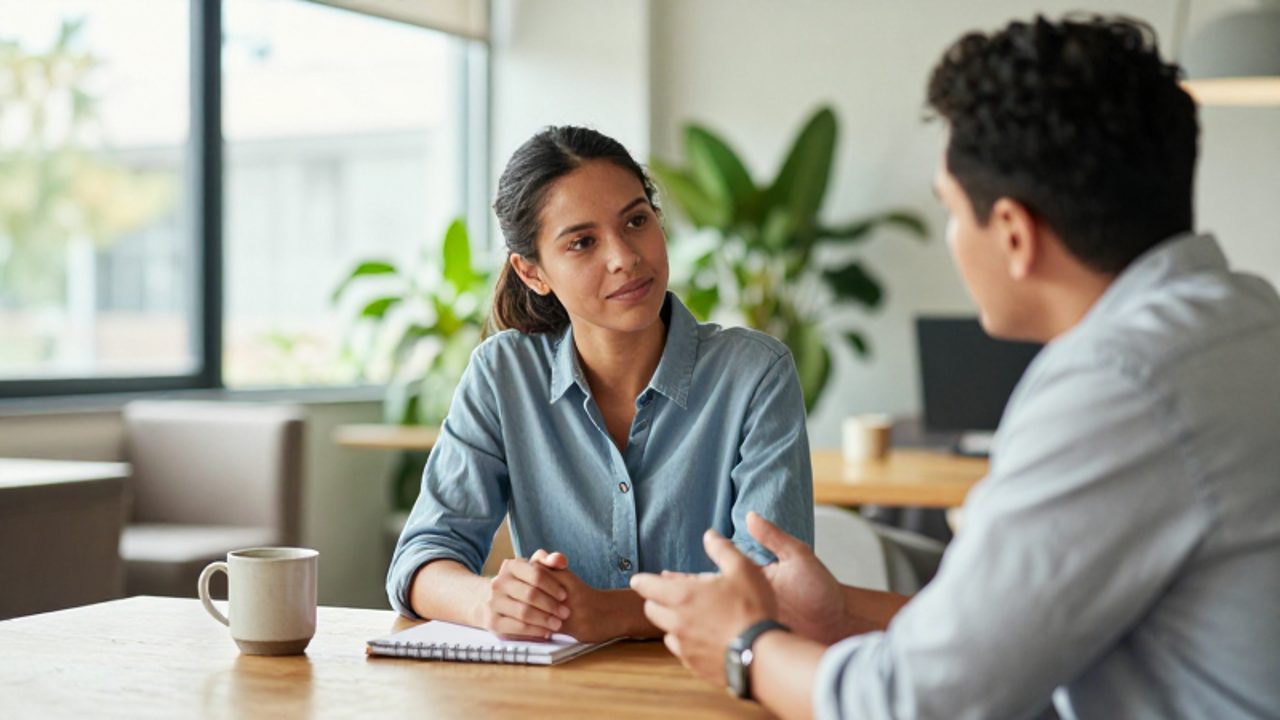 Dos profesionales mantienen una conversación empática y atenta en una oficina moderna y luminosa.