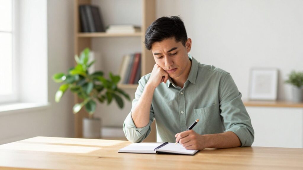 Persona joven sentada en un escritorio luminoso de oficina en casa, escribiendo con calma en un cuaderno mientras reflexiona sobre su futuro profesional.