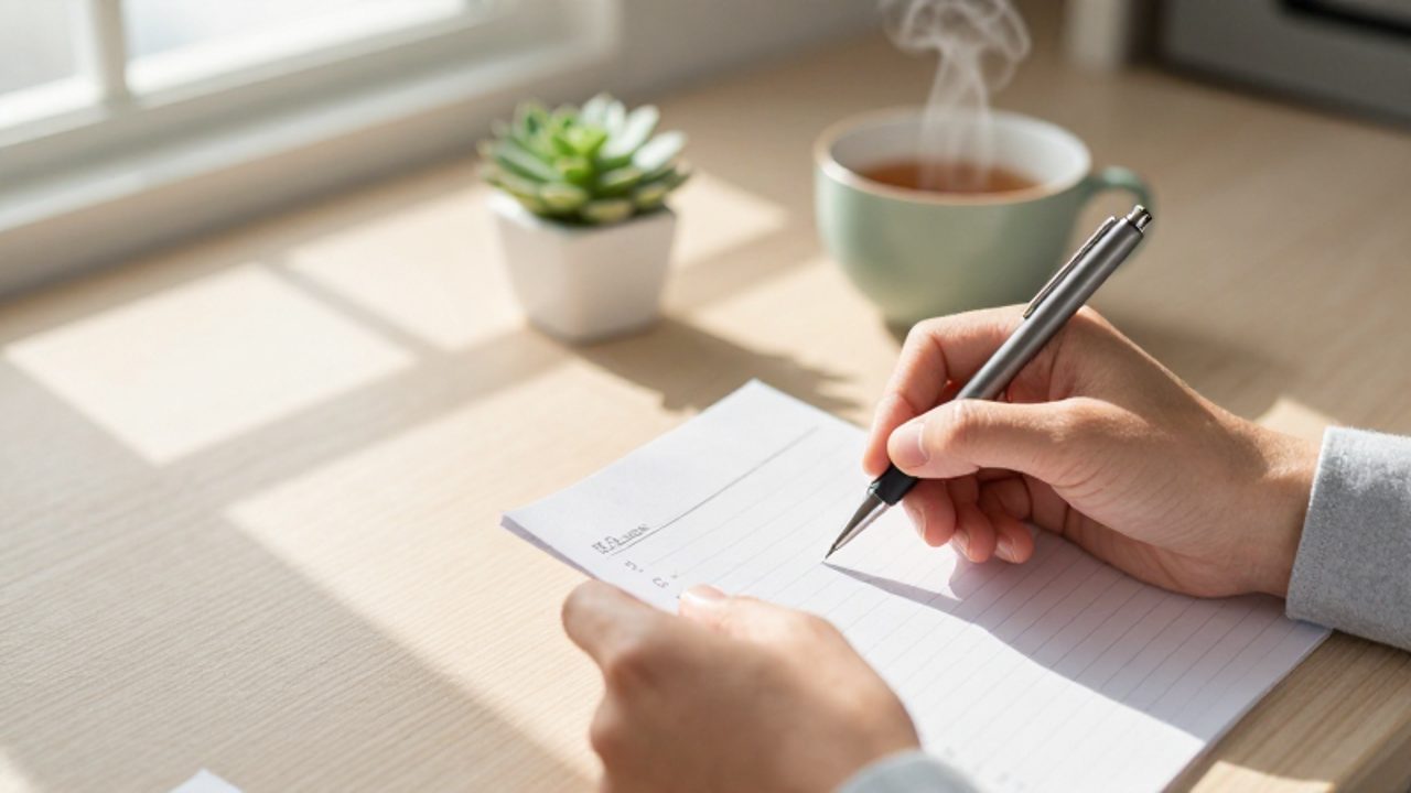 Una persona marca una tarea completada en una lista organizada sobre un escritorio luminoso, transmitiendo una sensación de orden y logro cotidiano.