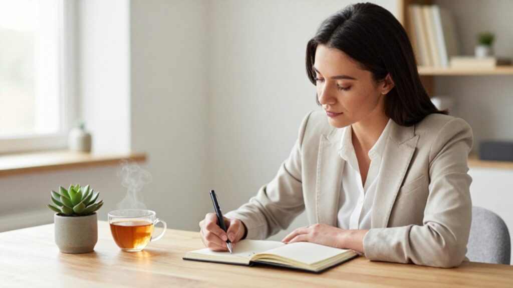 Mujer joven sentada en un escritorio luminoso escribiendo con calma en un diario personal.