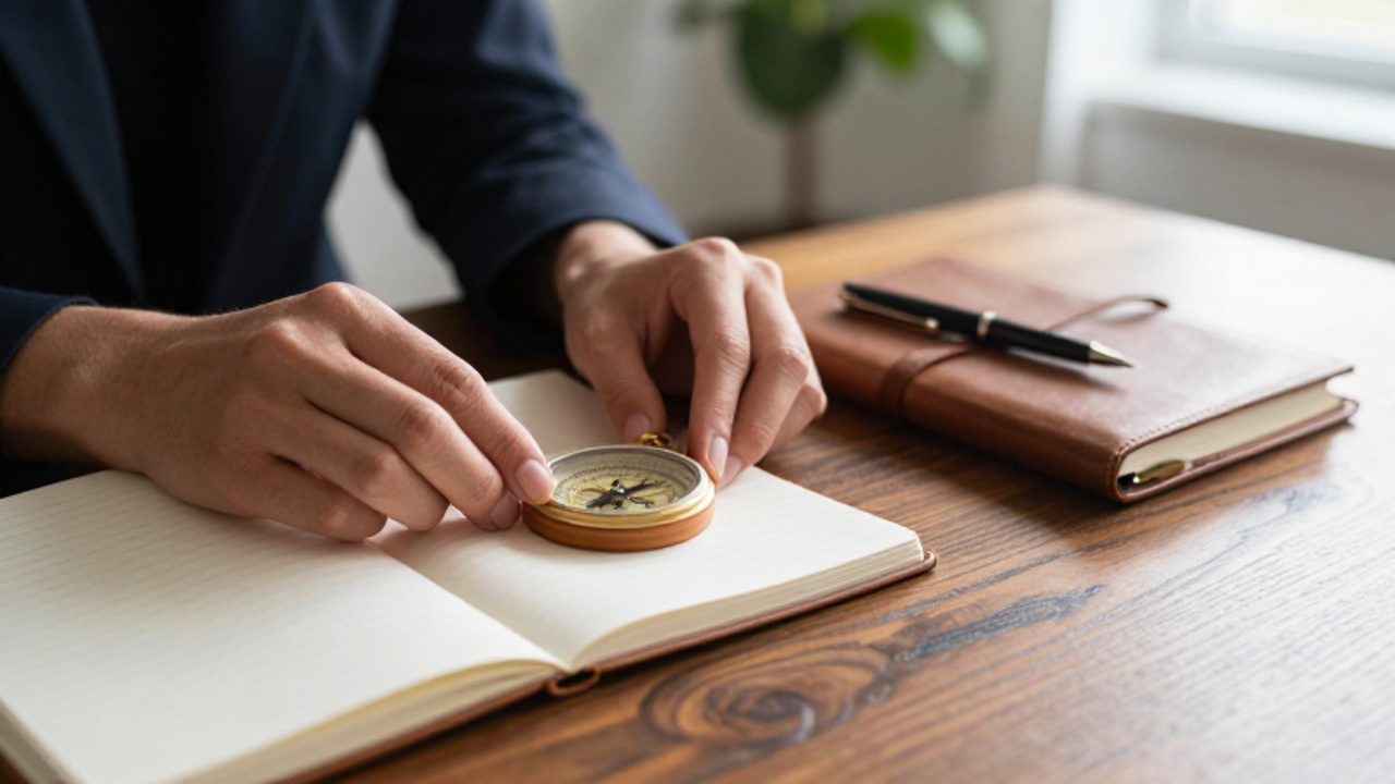 Manos organizando una brújula y un diario sobre un escritorio de madera, simbolizando la introspección y la guía hacia los valores personales.