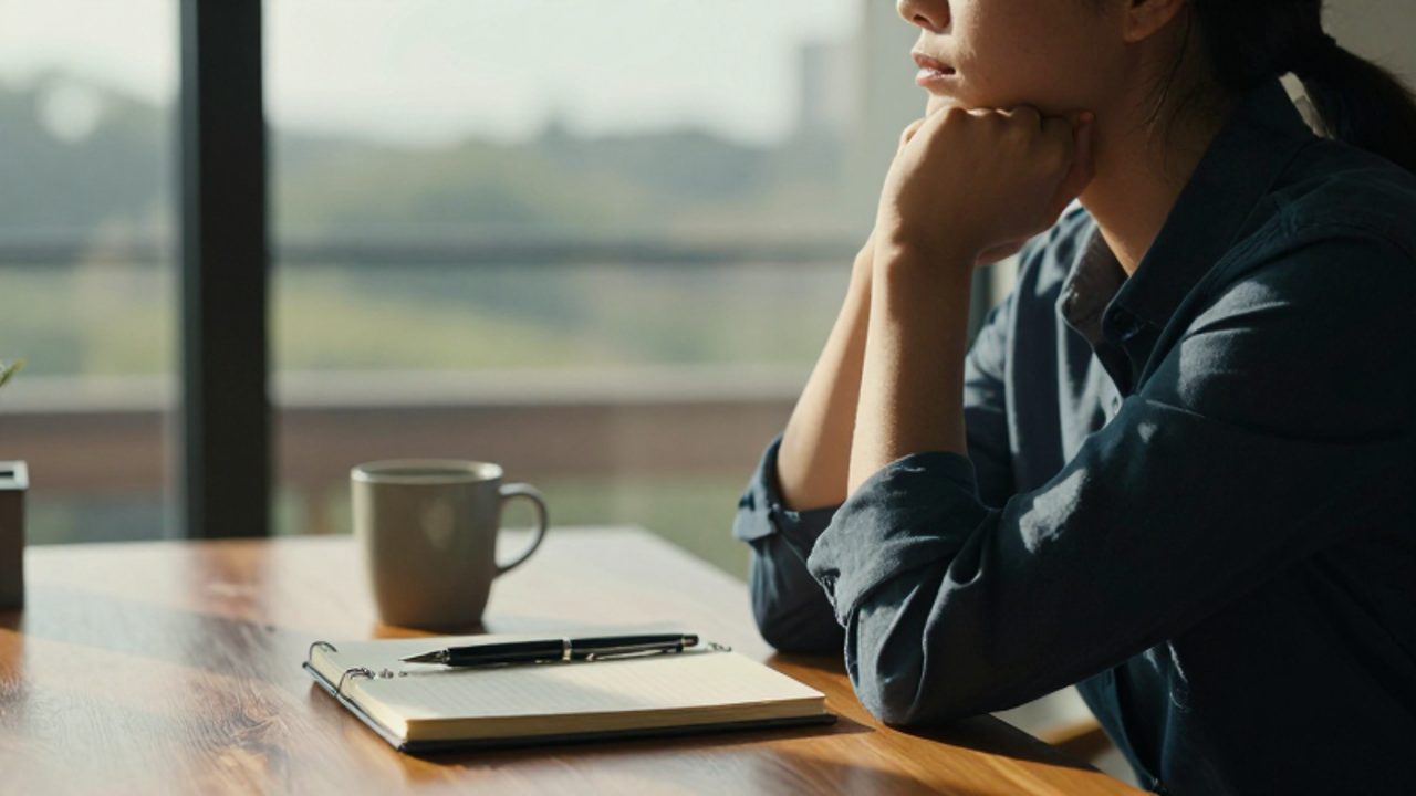 Persona sentada en un escritorio frente a una ventana, con expresión reflexiva y un diario sobre la mesa, en un entorno tranquilo y luminoso.