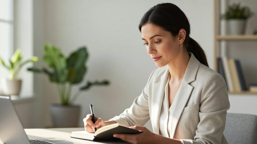Mujer sentada en un estudio luminoso escribiendo tranquilamente en un diario para reflexionar sobre sí misma.