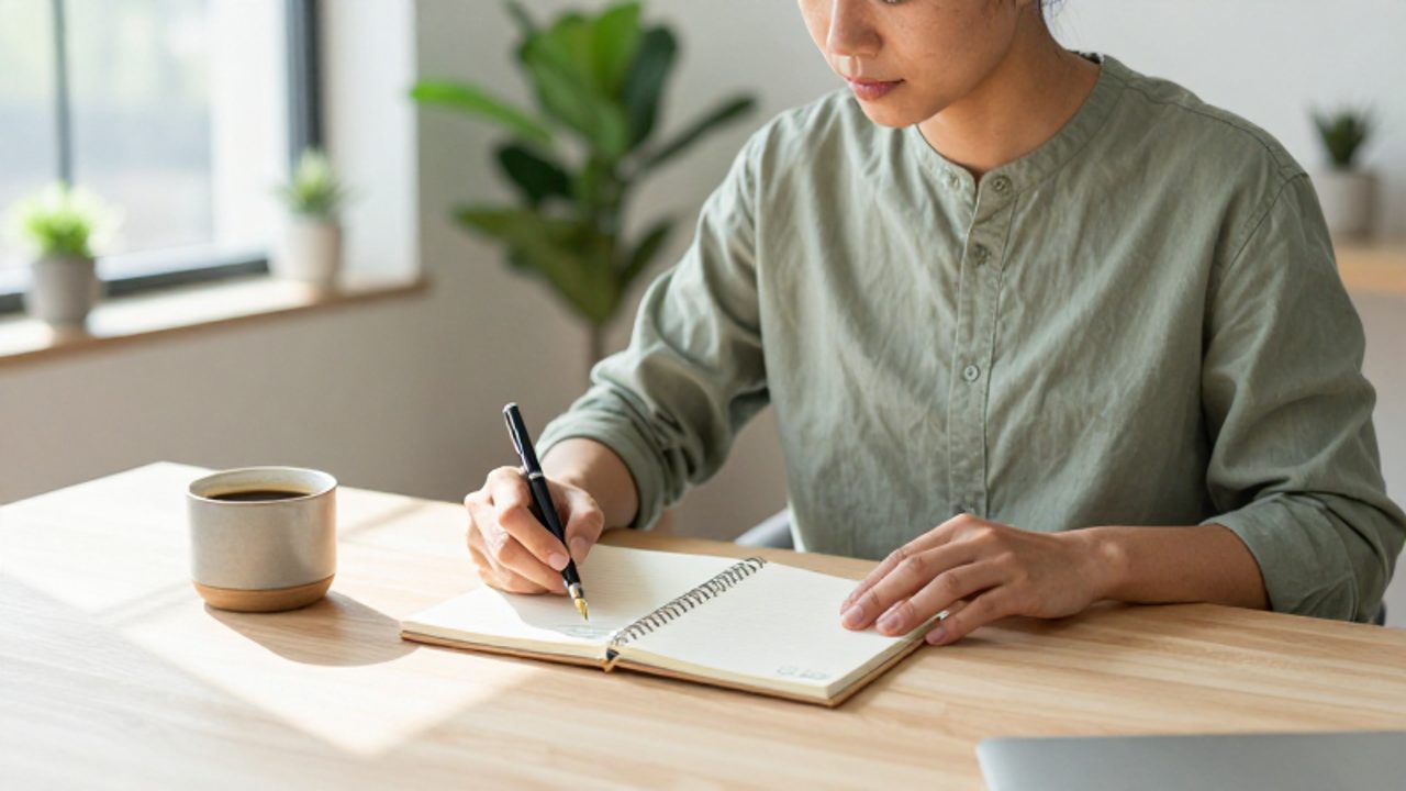 Una persona concentrada marca una tarea completada en su planificador sobre un escritorio ordenado en una oficina luminosa.
