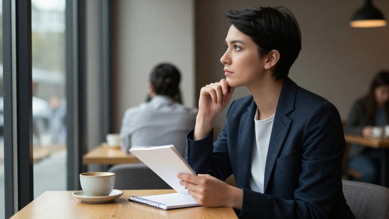 Persona sentada en un café mirando pensativamente por la ventana mientras sostiene un cuaderno, transmitiendo un momento de introspección y análisis personal.
