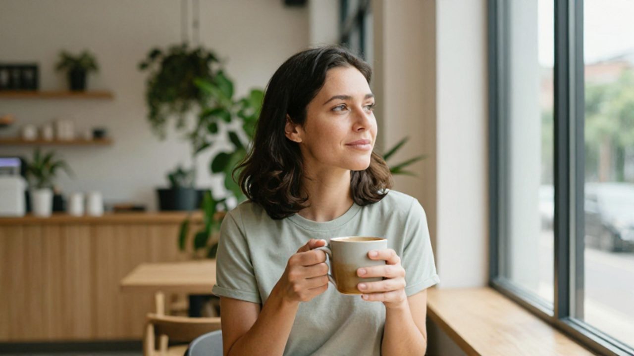 Mujer con expresión serena sentada en un café luminoso, sosteniendo una taza con ambas manos mientras contempla por la ventana en un ambiente tranquilo.