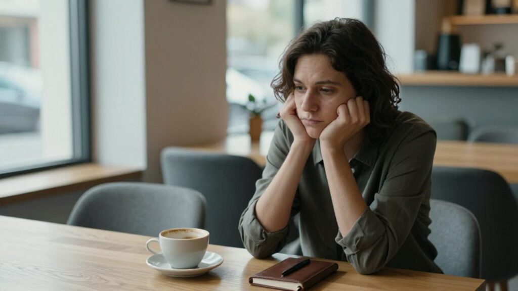 Persona sentada sola en una cafetería con expresión de cansancio y melancolía, mirando fijamente una silla vacía frente a ella.