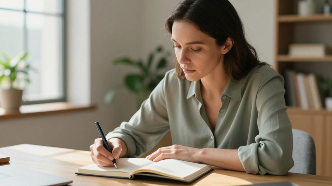 Mujer sentada en un escritorio luminoso escribiendo con calma en un diario para reflexionar sobre sus pensamientos.