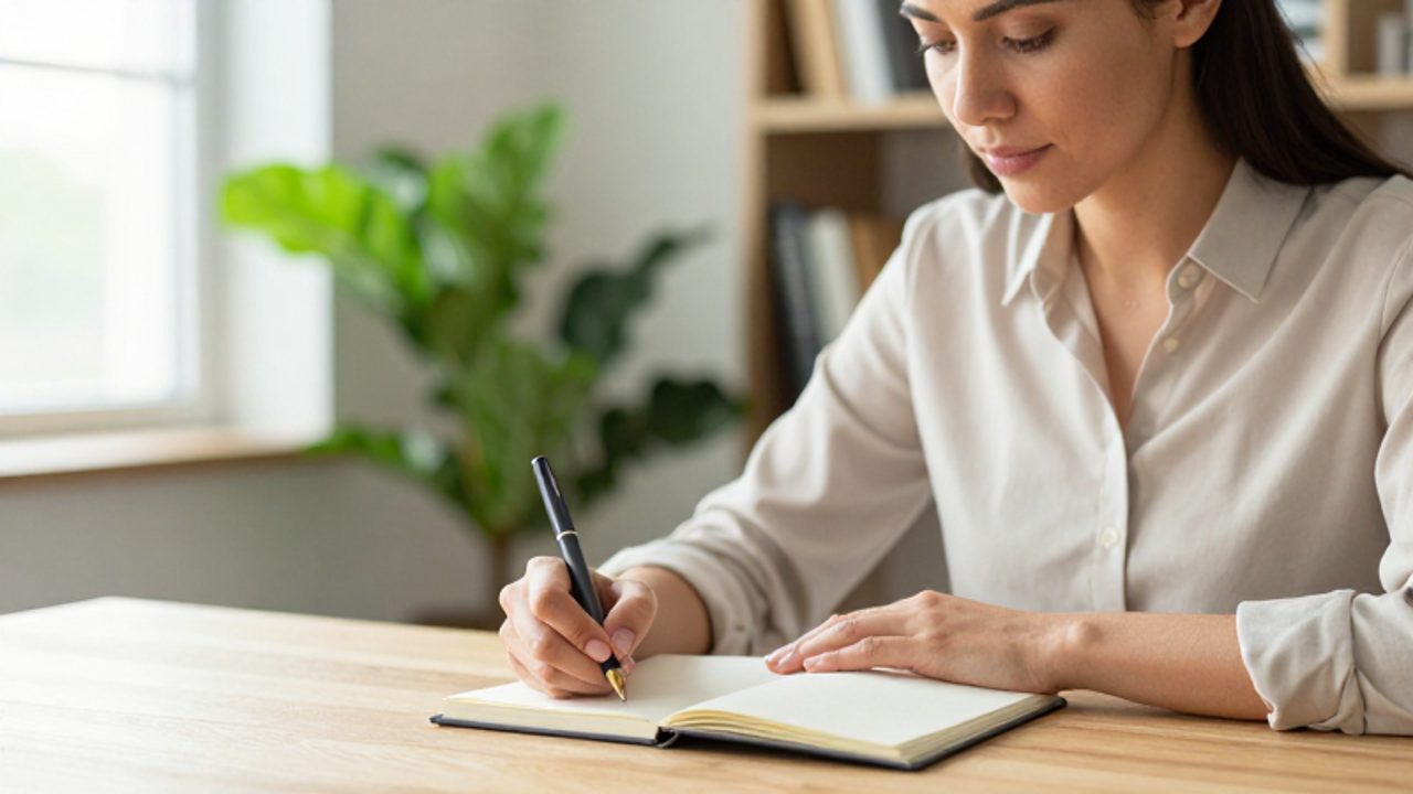 Mujer sentada en un escritorio iluminado escribiendo con serenidad en un diario de papel.