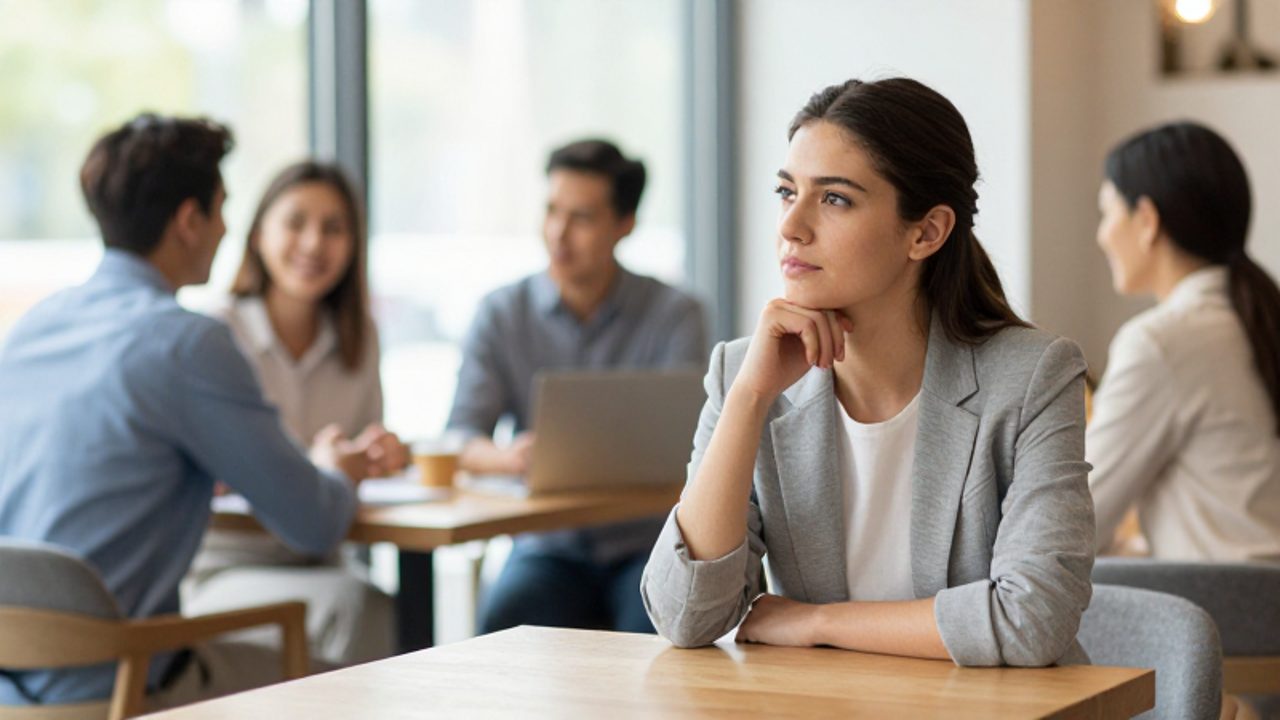 Una mujer joven observa pensativa a un grupo de colegas que conversan animadamente en una cafetería moderna.
