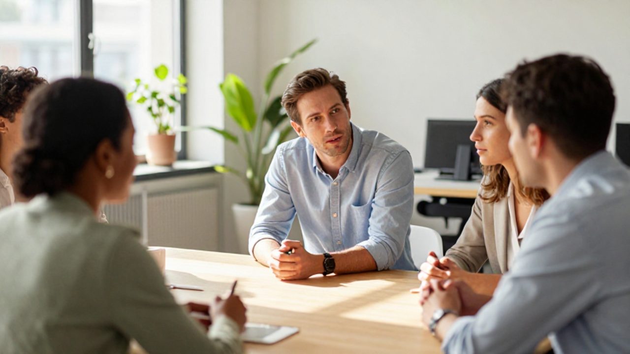 Grupo de colegas en una oficina moderna conversan de forma colaborativa alrededor de una mesa de madera.