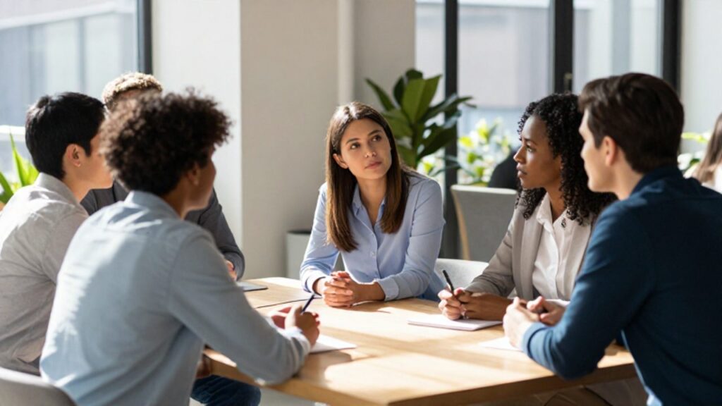Un grupo de profesionales jóvenes conversa de forma colaborativa en una oficina luminosa y moderna, reflejando una dinámica de interacción social y enfoque.