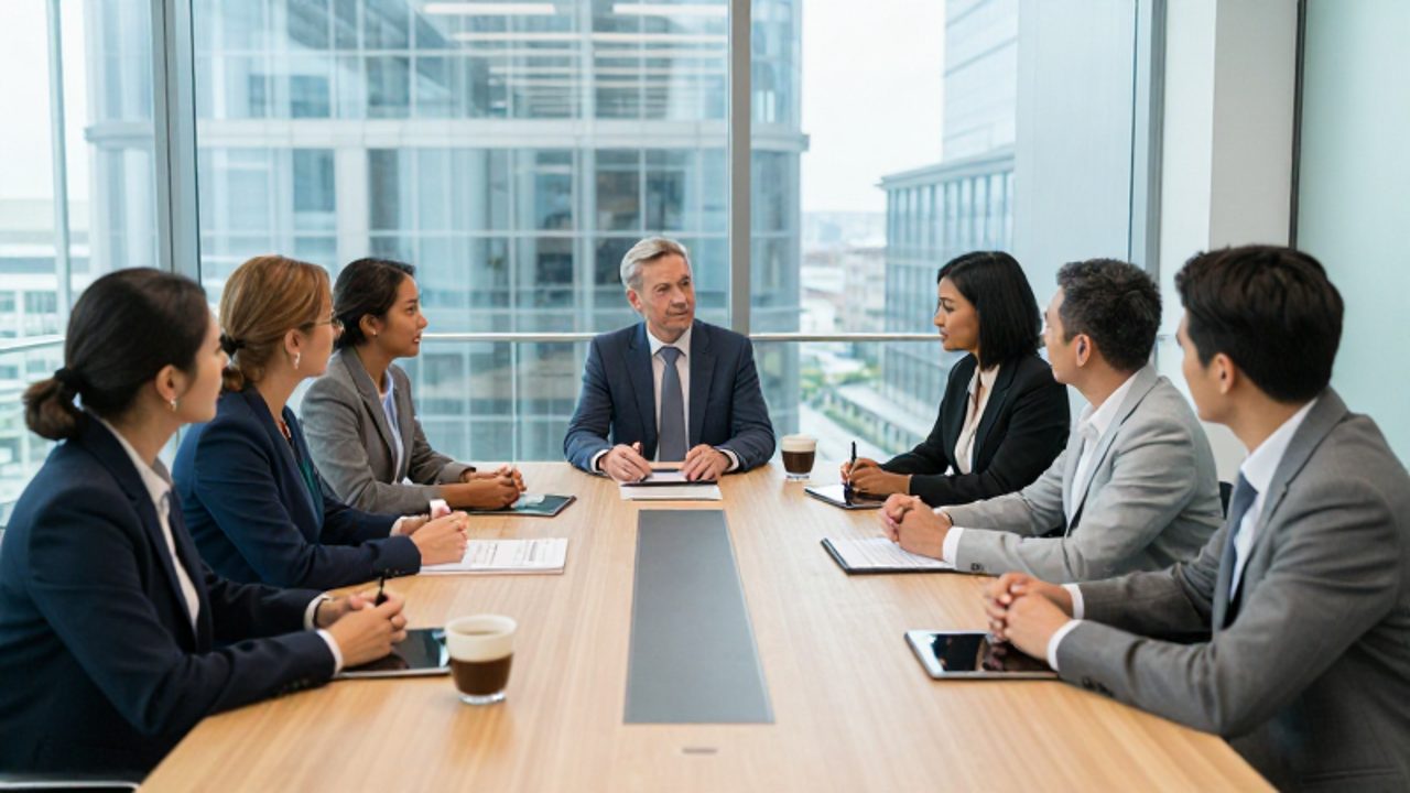 Grupo de directivos de diversas etnias reunidos en una mesa de juntas moderna durante una sesión de revisión de desempeño en una oficina luminosa.