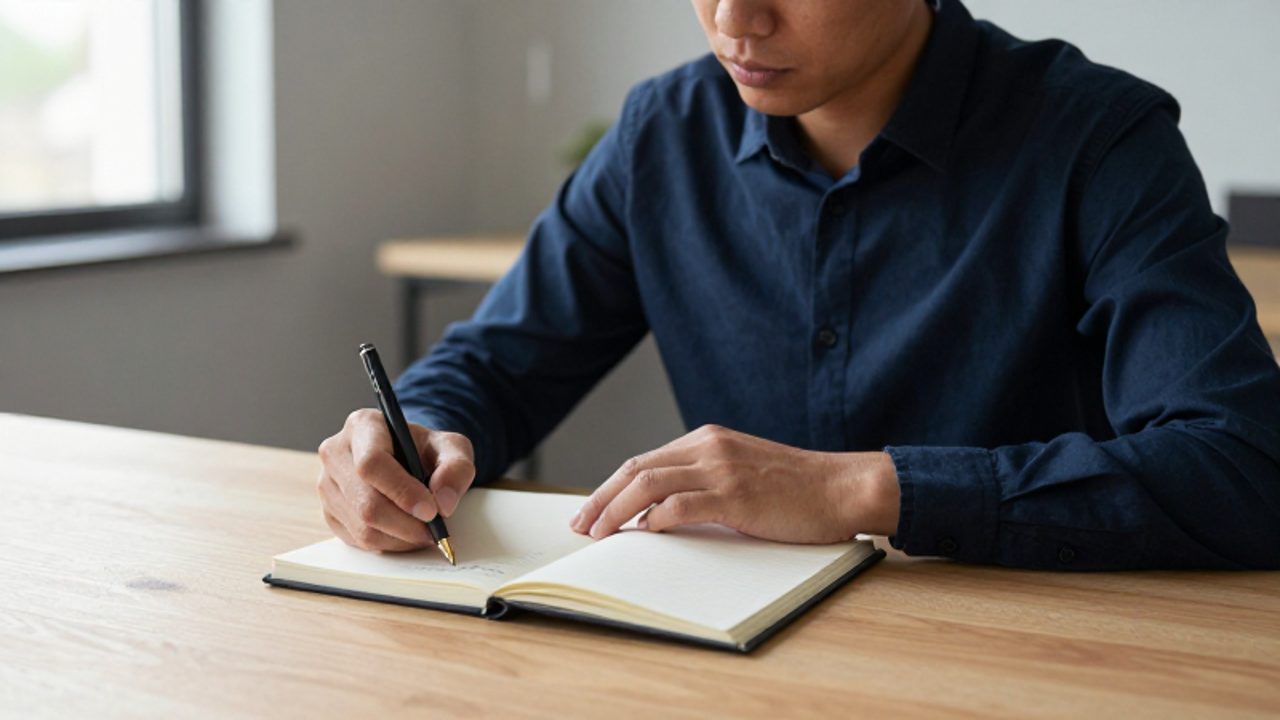 Persona sentada en un escritorio minimalista analizando con atención sus notas en un cuaderno, en un ambiente de oficina tranquilo y luminoso.
