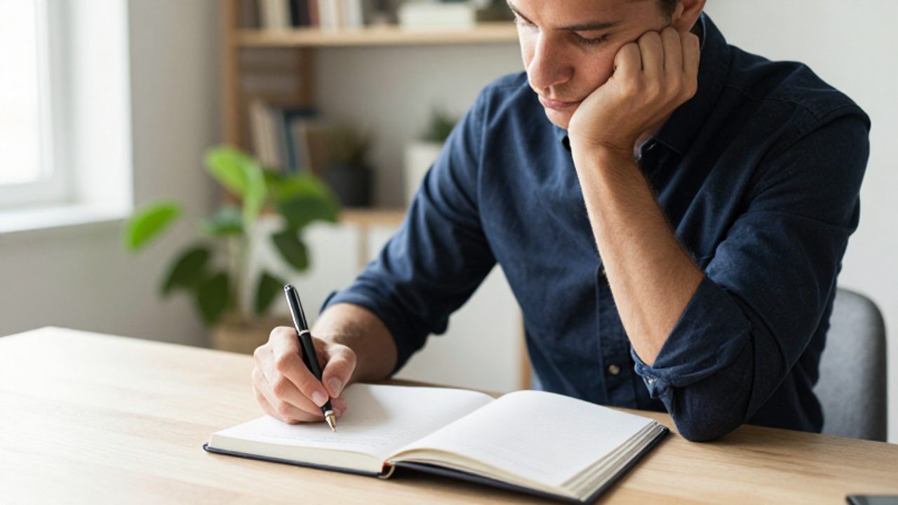 Persona sentada en un escritorio luminoso realizando anotaciones reflexivas en un diario para un proceso de introspección.