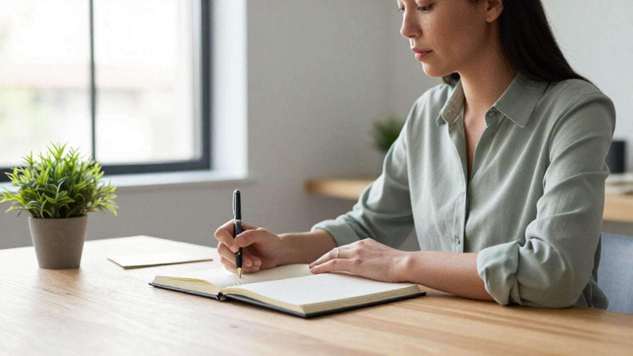 Persona sentada en un escritorio luminoso y organizado, reflexionando con calma mientras escribe en un diario.
