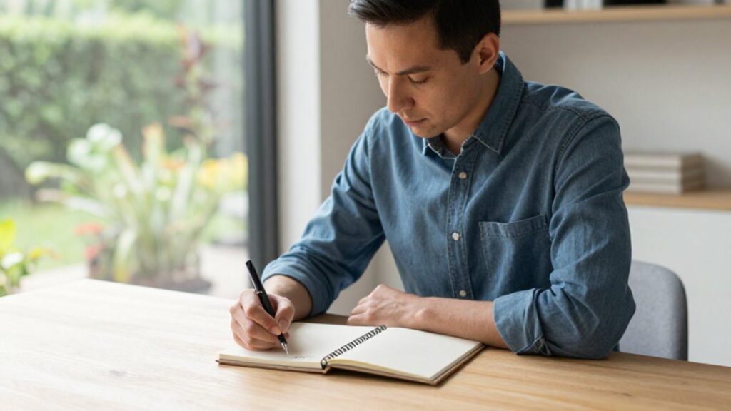 Una persona sentada en un escritorio minimalista escribe en un cuaderno con expresión reflexiva en un entorno luminoso y tranquilo.