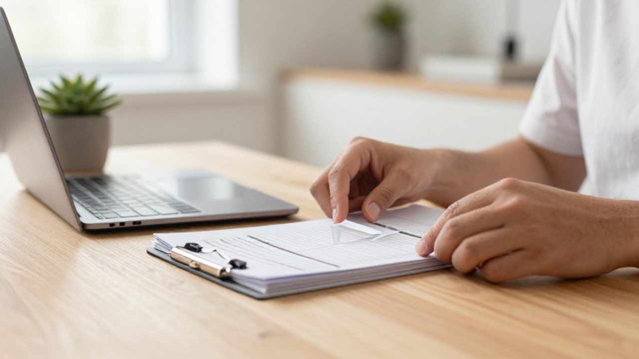 Manos organizando tarjetas de tareas sobre un escritorio despejado junto a un ordenador portátil, transmitiendo una sensación de orden y claridad mental.