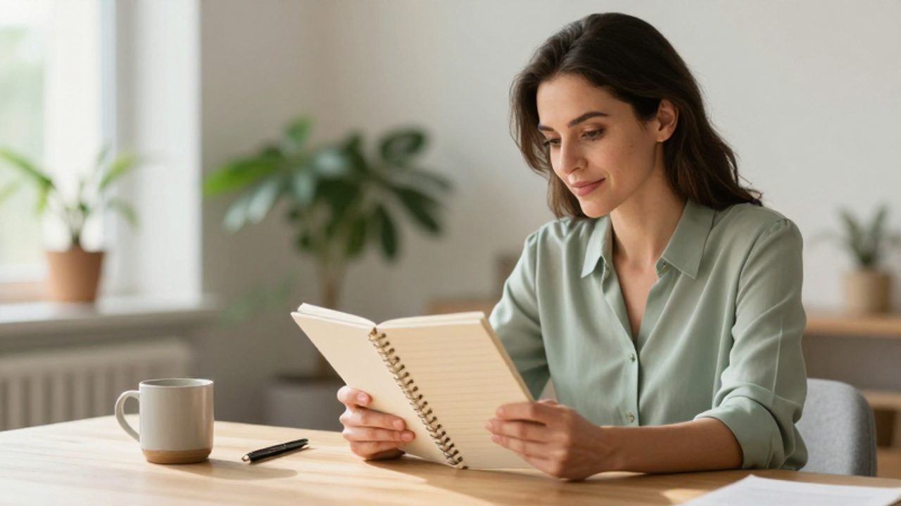 Mujer profesional con expresión tranquila revisa su agenda diaria en un escritorio ordenado y luminoso.