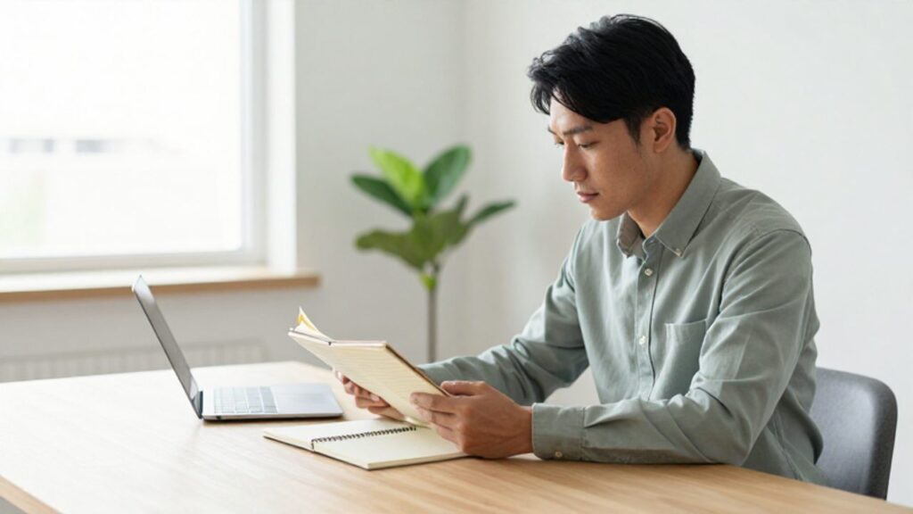 Persona concentrada revisando una agenda y un cuaderno en un escritorio ordenado y luminoso.