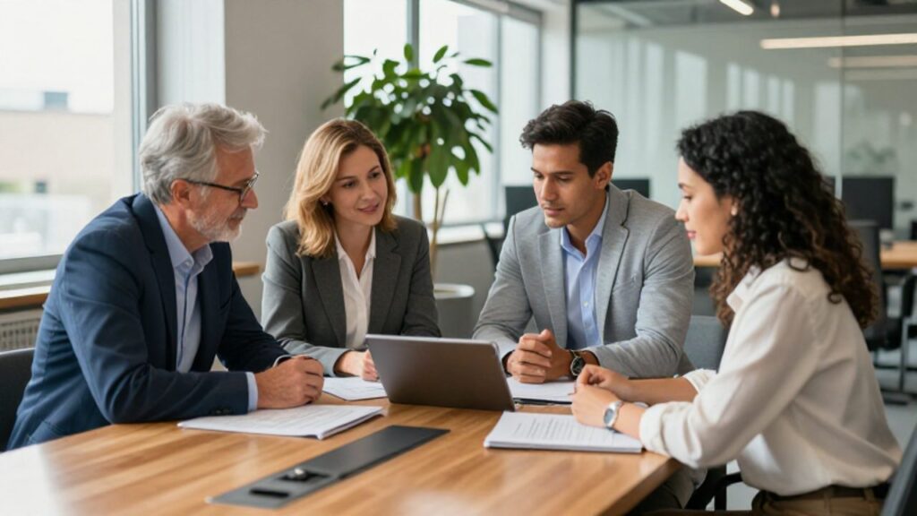 Cuatro colegas de diferentes edades colaboran con actitud positiva alrededor de una mesa en una oficina moderna.