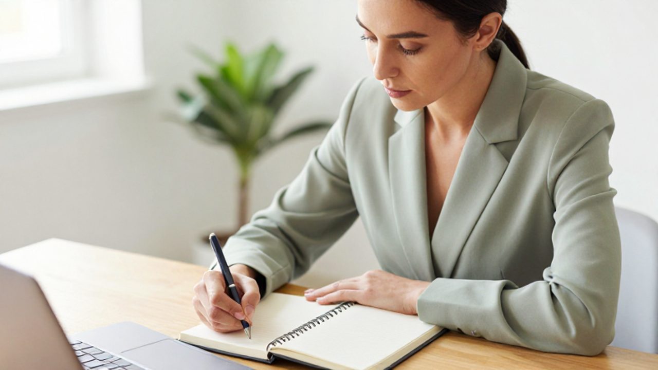 Mujer sentada en un escritorio iluminado escribiendo con serenidad en un diario para practicar la autorreflexión.